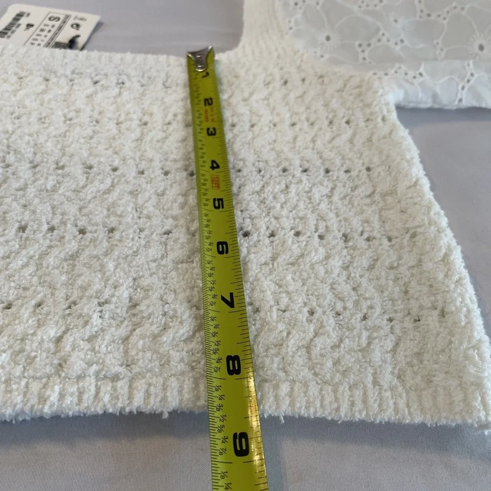 Zara Eyelet Puff Sleeve Cropped Sweater Top Womens Small Ivory Knit Boho